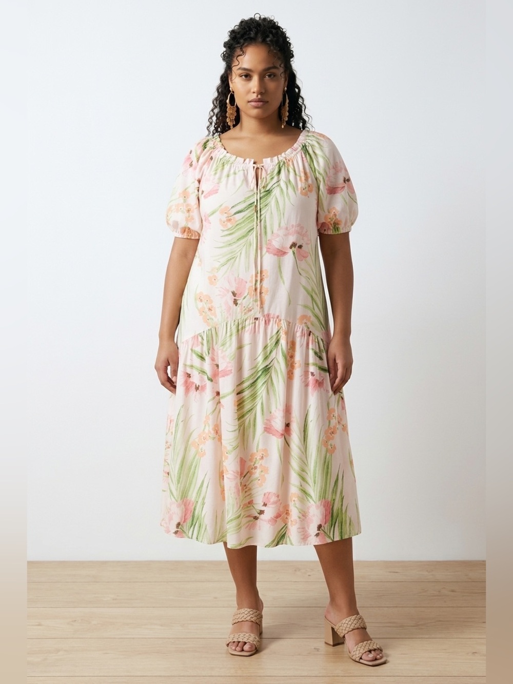 H&M Light Pink Floral Midi Summer Dress /Puff Sleeves/Tiered/Cottagecore/Pastel